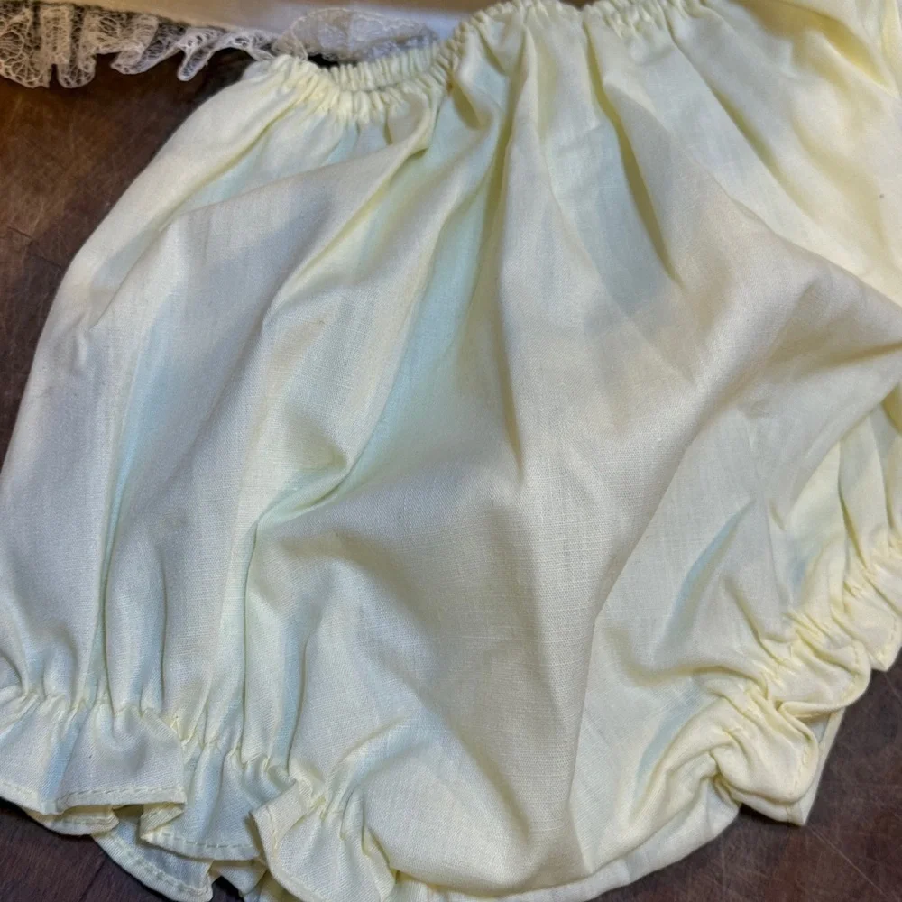 Vintage Sears Fashions for Tiny Tots Pale Yellow Baby Dress with White Lace Trim